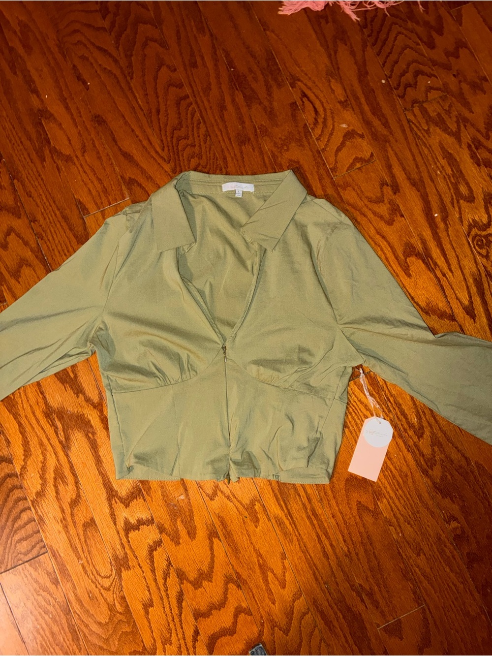 Olive Green Collared Zip Front Blouse Top Size Large